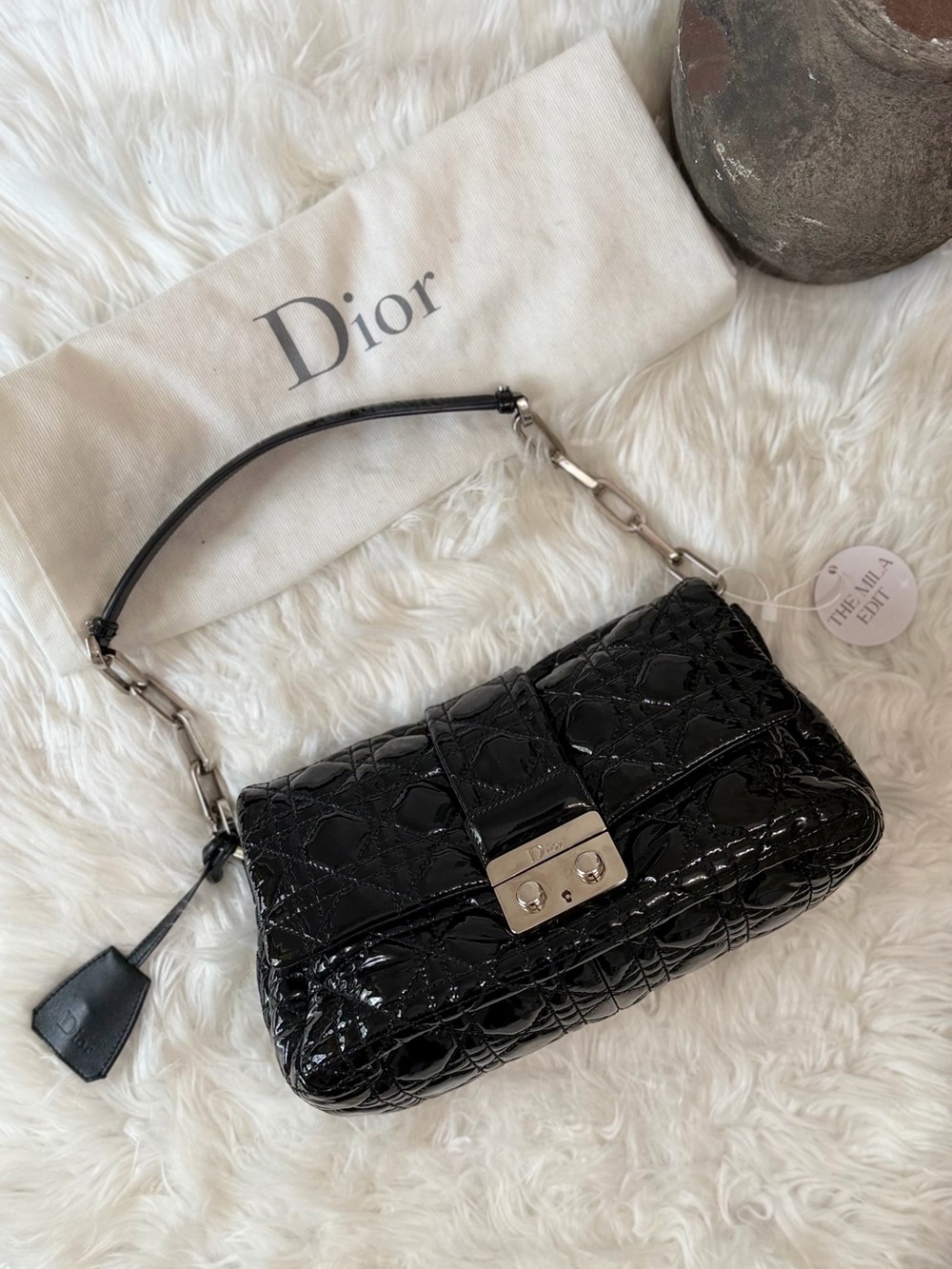 Dior Black Patent Quilted Shoulder Bag with Silver Hardware